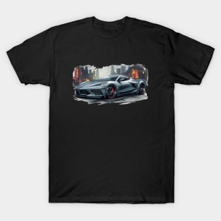 Gray C8 Corvette City Scene Supercar Racecar Muscle Car Sportscar Street Scene Grey Corvette C8 T-Shirt